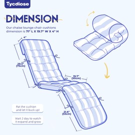 Tycdiose Chaise Lounge Cushions Outdoor Lounge Chair Cushion for Patio Furniture Waterproof 71 x 20 x 4 Inch Indoor Outdoor Memory Foam Zero Gravity Chair Cushion wth Ties, Stripe Blue&White