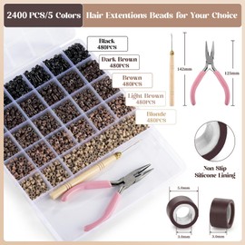 2400pcs Hair Extension Beads, Funtopia 5 Colors 5mm Silicone Beads for Hair, Micro Silicone Lined Rings for Hair Styling (Black-Dark Brown-Medium Brown-Light Brown-Blonde)