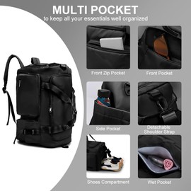 Flintronic Gym Bag, Foldable Travel Duffel Bag for Women, 42L Waterproof Overnight Carry On Bag, Sports Bag with Shoes Compartment and Wet Pocket, Large Holdall Bag for Sports and Travel, Black