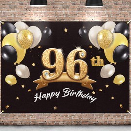 PAKBOOM Happy 96th Birthday Banner Backdrop - 96 Birthday Party Decorations Supplies for Men - Black Gold 4 x 6ft