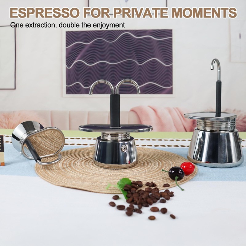 Uncoated 2 Cup Dual Pipe Moka Pot 304 Thickened Stainless