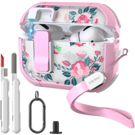 WENEW Case for AirPods Pro & Pro 2 Case Cover Secure Lock Automatic Snap Switch Clip Cleaner Kit Lanyard Women Stylish Flower Full Body Hard Shell Front LED Visible (Pink Flower, AirPods Pro & Pro 2)