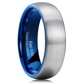 King Will 7mm Silver and Blue Domed Tungsten Carbide Wedding Band Ring Brushed Polish Finished Comfort Fit 10.5