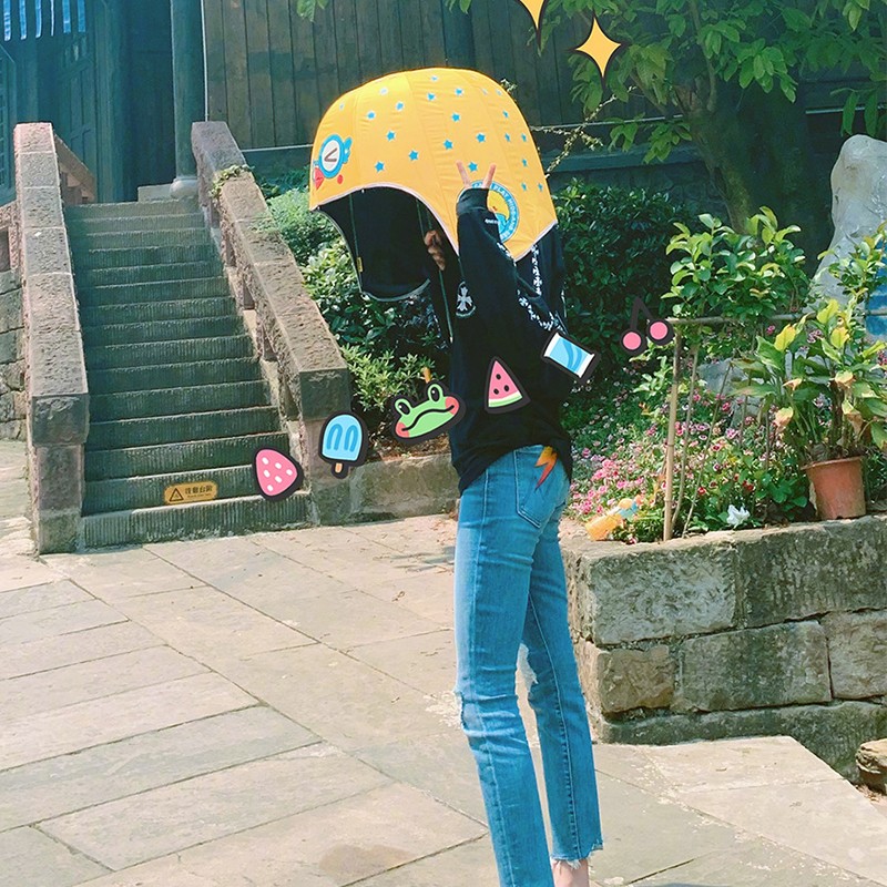 Helmet Umbrella Cartoon Pattern 10 Ribs UV Resistance Long Handle