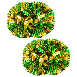 2 Pack Cheerleading Pom Poms with Sticks Green Gold 14 Inch Soft Plastic Lightweight Comfortable Handle Perfect for Team Spirit Sports Dance Cheer