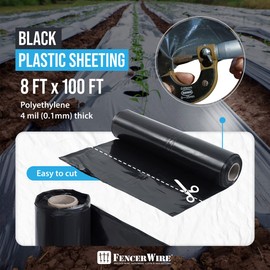 Fencer Wire 4 mil Black Plastic Sheeting, Roll of Heavy-Duty Plastic Sheet, Polyethylene Vapor Barrier Plastic Sheeting, Black Painters Tarp, Black Plastic Tarp, Multi-Purpose, 8' x 100'