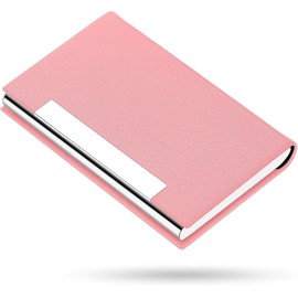 Ariv Hommey Professional Business Card Holder - Premium PU Leather & Stainless Steel | Multi-Functional Card Case Holds 20 Cards | Slim Unisex Design for Credit/ID Cards. (Pink)