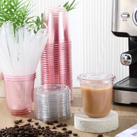 Ziliny 50 Sets Clear Plastic Cups with Lids and Straws, Disposable Iced Coffee Cups Drinking PET for Cold Drinks, Juice, Smoothie, Coffee Shops, Party, Christmas (Pink,14 oz)