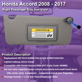 NHILES Passenger Right Sun Visor Compatible with Honda Accord 2008 2009 2010 2011 2012 2013 2014 2015 2016 2017 with Light Replaces # 83230TA0A91ZA (Grey)