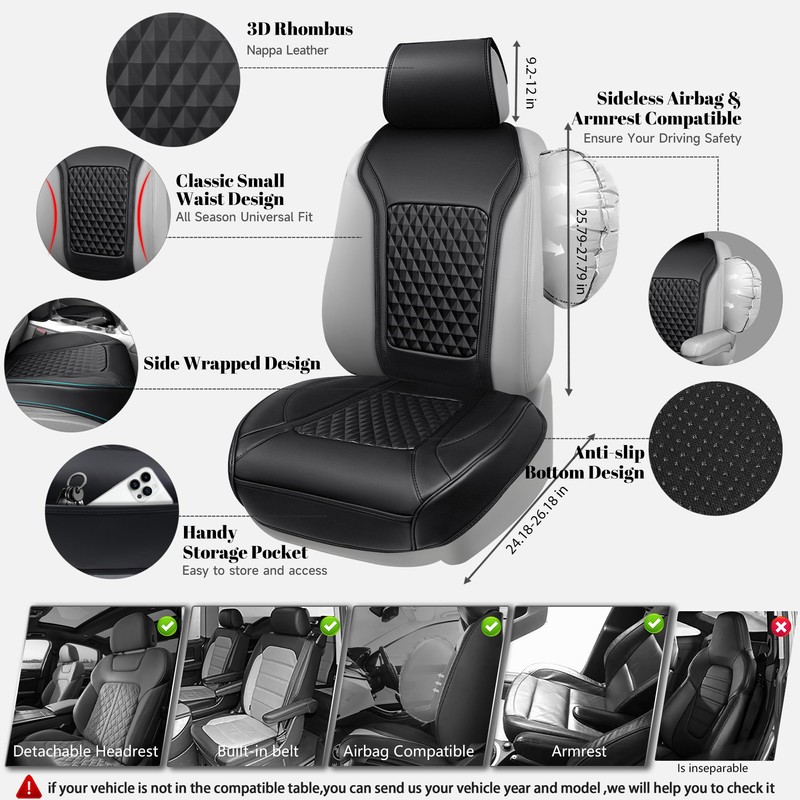 CAR PASS 2Pack Front Car Seat Covers Leather Memory Foam