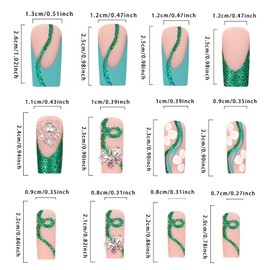 Press on Nails Medium Square Green French False Nails Flower Fake Nails Artificial Acrylic Nails Glitter Powder Butterfly Rhinestones Design Full Cover Reusable Coffin Nails Glue on Nails for Women