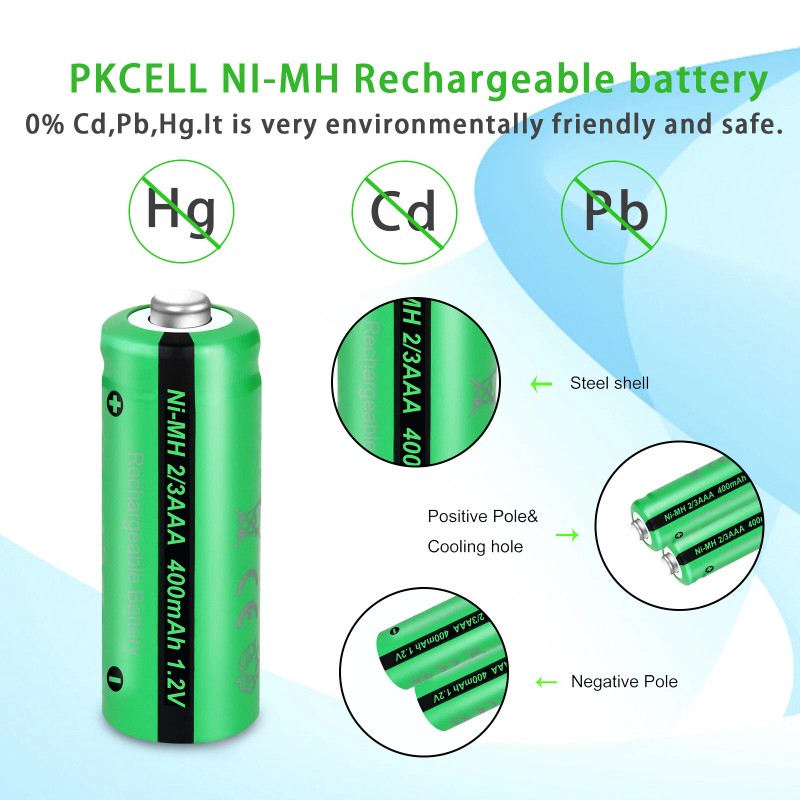 PKCELL 2X Ni-MH 1.2V 2/3AAA Size Rechargeable Battery 400mAh Button