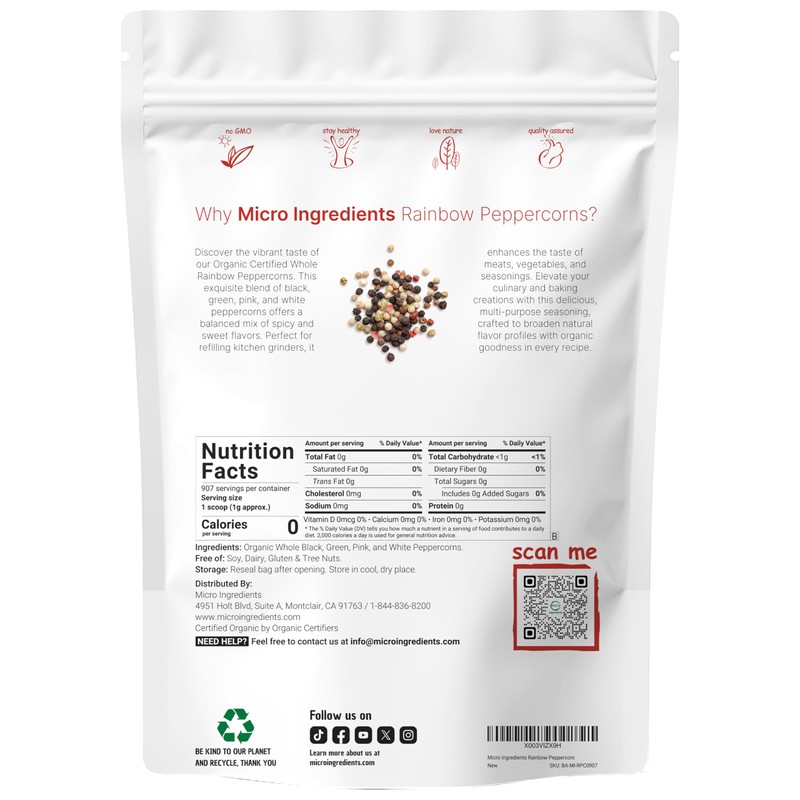 Micro Ingredients Organic Whole Rainbow Peppercorns, 2lbs | Premium Whole