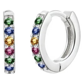 AT Jewellery - 925 Sterling Silver Small Multicolor Gemstones 11mm Sleeper Huggie Hoop Earrings, 925, Gemstone