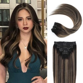 Goulus Human Hair Extensions Clip in Balayage Natural Black to Caramel Brown Ombre Clip in Hair Extensions Real Human Hair 8pcs 120g Thick Stright Full Head Hair Extensions(1B/27/1B,22inch)