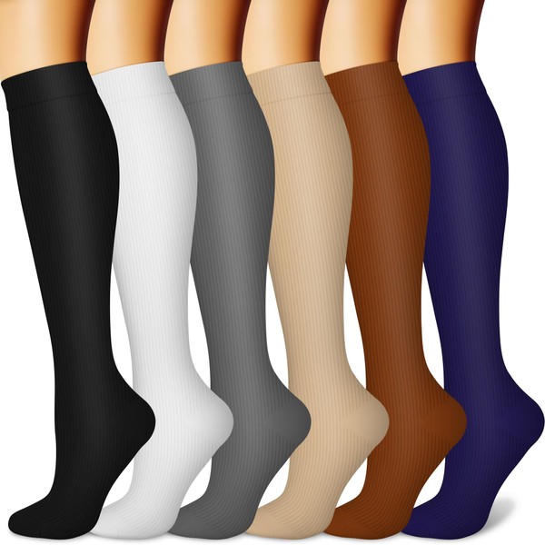 CHARMKING - Calcetines de compresión para mujeres y hombres (6 pares) 15-20 mmHg, son los mejores para atletismo, correr, viajes en vuelo, apoyo