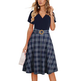 Aline Dresses for Womens Elegant Criss-Cross V Neck Vintage 50s Short Sleeve Work Cocktail Tea Fit and Flare Dress with Pockets 980 Navy Plaid M