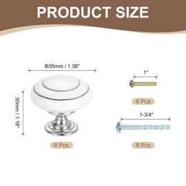 sourcing map 6Pcs Ceramic Knobs, 35mm/1.38" Round Drawer Pull Handle Vintage Drawer Knobs with Screws for Vanity Bedroom Furniture Closet, Silver Circle/White