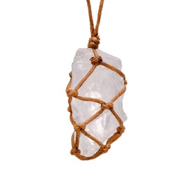 Natural Crystal White Quartz Rough Stone Reiki Healing Necklace, Brown Rope