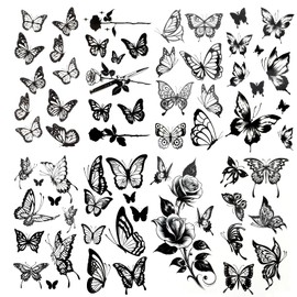 8 Sheets Black Butterfly Temporary Tattoos Stickers Waterproof Large Butterfly Fake Tattoo Sticker Flowers Butterflies Hummingbird Swallow Rose Style Realistic Tattoos for Women Body Neck Arm Hand
