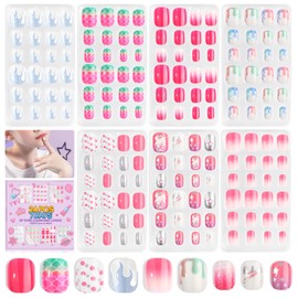 SAVILAND 168pcs 7 Pack Press-On Nails for Kids Fake Nails Glue On Nail Full Coverage Glitter Gradient Color Star Short Acrylic Nail Tips Nail Art Gift 8-12 Years Kids Girls