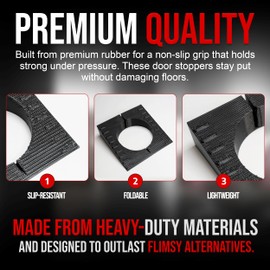 USA Made Folding Rubber Door Stopper Wedge – 2 Pack Black Heavy Duty Door Stops for Bottom of Door – Works on Carpet & Hard Floors – Hangs on Doorknob – Apartment & Office Essential