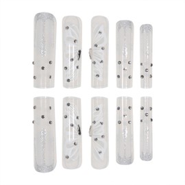 CECOBAG Long Coffin Press On Nails ，with Glitter Rhinestones Women Nails, French Stick On Nail Set, Full Coverage Acrylic Nails 24 Pcs