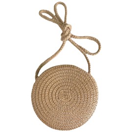 Jamron Handmade Round Straw Bag Crossbody Shoulder Bag Bohemian Beach Bag with Zipper SN0702152 Mini Brown