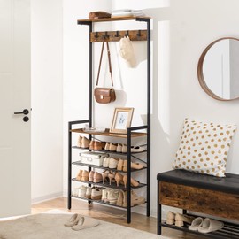 HOOBRO Hall Tree with Bench, Coat Rack with Shoe Storage, Shoe and Coat Rack, 5-Tier Entryway Shoe Storage, 5 Hooks, for 12-16 Pairs, Industrial, Hallway, Foyer, Mudroom, Rustic Brown BF74MT01