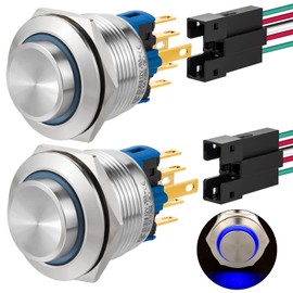 22mm Push Button Switch Momentary Latching High Round Waterproof IP67 On Off Stainless Steel 304 with 12V, 24V LED for 7/8" with Wire 2PCS (Blue, Momentary,12V)