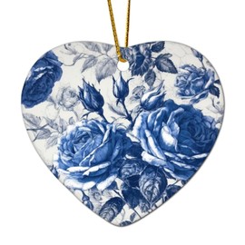 Blue and White Porcelain Floral Christmas Tree Ornament Floral Plant Botanical Wildflowers Heart Keepsake Gift Ceramic Rustic Blue Flower Fresco' Souvenir for Indoor Home Decor