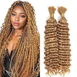 Jucames Real Hair Wefts, Deep Wave Human Braiding Hair Extension, Unprocessed Remy Hair Wefts, No Weft, Honey Blonde Colour for Women, 26 / 26 Inches