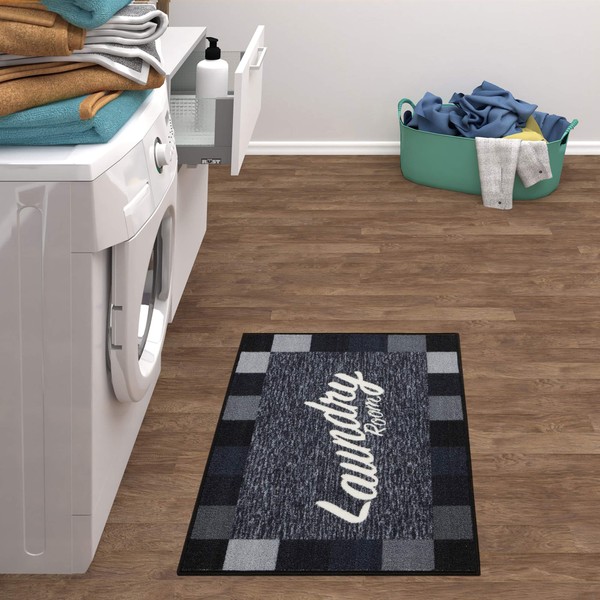 Ottomanson Laundry Collection Non-Slip Rubberback Checkered Border Design 2x5 Laundry Room Runner Rug, 20" x 59", Black