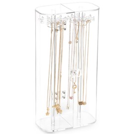 Spinning Tubular Acrylic Jewelry Storage Holder, Rotating Organizer - 24 Hooks for Dressing Table, Cosmetic Stations, Dresser, Bathroom Vanity Countertop - Holds Necklaces, Bracelets Clear