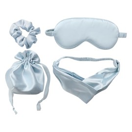 4 Pcs Artificial Silk Sleep Masks Hair Scrunchies Headband and Pouches Soft Eye Mask Cover Stain Blackout Blindfold for Sleeping Wedding Bridesmaid Gifts Blue