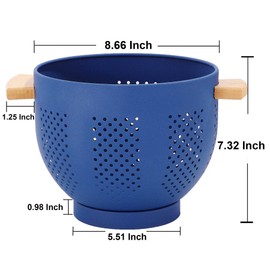 Metal Colander with Wood Handle, 5.5 Quart Powder Coated Steel Large Kitchen Strainer Stable Base (5.5QT, M-Deepblue)