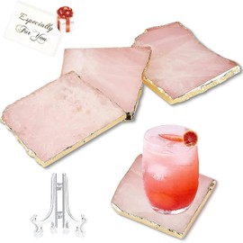 Yougoals Rose Quartz Irregular Coaster Set of 4, 3.5-4" Pink Agate Coasters with Displaying Stand,Natural Stone Crystal Coasters with Gold Rim,Irregular Shaped for Home Decor