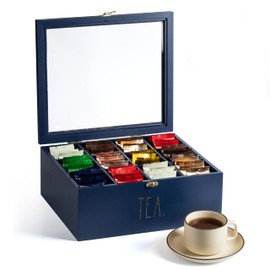 Rae Dunn Tea Bag Organizer - Tea Box Divided Storage Container Box with Hinge Lid for Kitchen Cabinet, Countertop, Pantry, Hold Coffee Pods, Seasoning Packets, Condiments, Blue