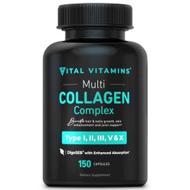 Vital Vitamins Multi Collagen for Women & Men - Type I, II, III, V, X - Grass Fed, Non-GMO - 150 Capsules