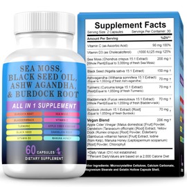 Pyzor Sea Moss Black Seed Oil Ashwagandha Turmeric Bladderwrack Burdock, Elderberry Manuka Dandelion, Burdock Root Turmeric Vitamin D3 Chlorophyll - 60 Capsules