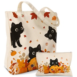 Miss Adola 2 Pack Canvas Tote Bag - Reusable Canvas Totes with Makeup Zipper Pouch Women Ladies Aesthetic Cute Autumn Black Cats Shoulder Bag for Shopping, Work, Gym, Travel