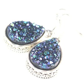 SILVER Vintage Style Golden Blue Rainbow Titanium Druzy Teardrop Earrings