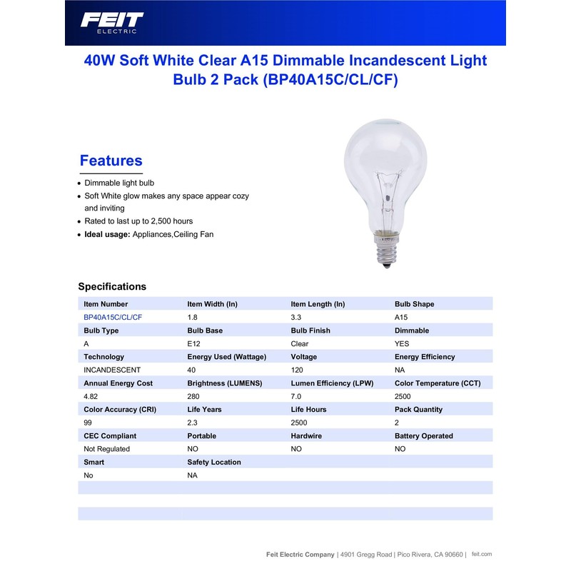 Feit Electric BP40A15C/CL/CF/6 Incandescent Light Bulb, 2700K, 12-Pack