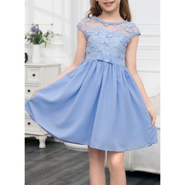 blibean Girls Summer Dresses Big Kids Bow A-line Lace Mesh Short Sleeve Dresses Youth Junior Spring Elegant Fancy Flare Soft Party Clothes Size 8-9 Year Baby Blue