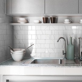 Alwayspon 24Pcs 3x6inch Peel and Stick Backsplash PE Tile, White Marble Effect Subway Wall Sticker Self-Adhesive Brick Sticker Stick on Tiles for Kitchen Bathroom