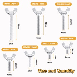 Gueenky 50 Piece Wing Screws Set, M6 Wing Nuts Stainless Steel Butterfly Nut Thread Wing Nuts, 7 Sizes 10-50 mm Butterfly Screw Butterfly Wing Nuts Assortment