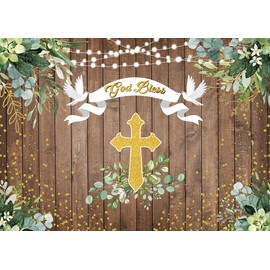 Rustic Wood God Bless Backdrop First Holy Communion Baptism Baby Shower Holy Dove Photography Background Eucalyptus Leaves Golden Cross Party Decor Supplies 7x5FT