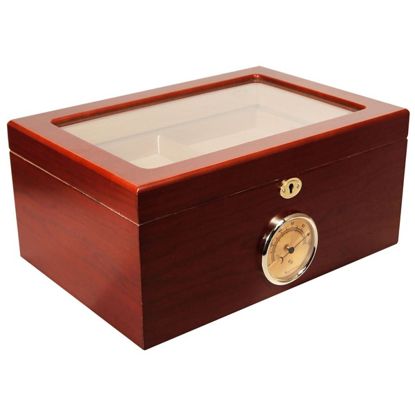 NEW CUBAN CRAFTERS PRESIDENTE CIGAR HUMIDOR - RICH CHERRY WOOD EXTERIOR, SPANISH CEDAR INTERIOR, GLASS-TOP DISPLAY, OUTSIDE HYGROMETER - HOLDS 100 CIGARS