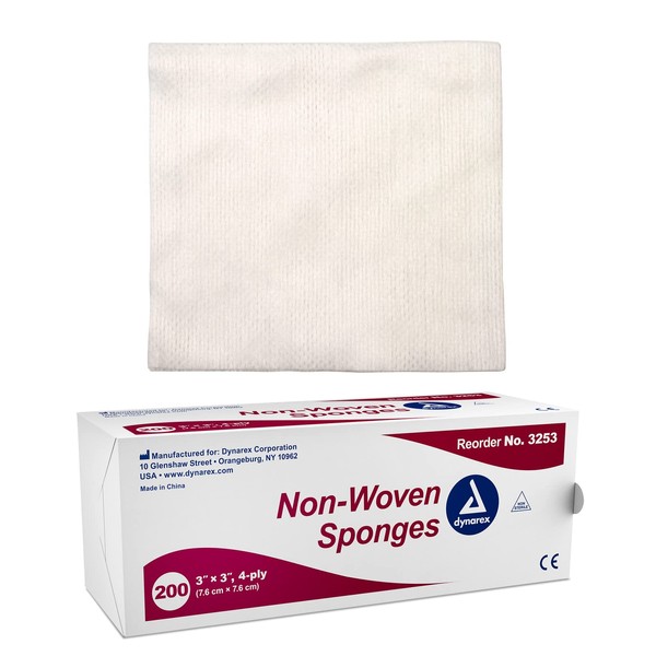 Dynarex Non-Woven Sponges, Non-Sterile, Gauze Sponges, for Cleansing, Prepping and Dressing, Highly-Absorbent and with Less Linting, 4"x 4", 4 Ply, 1 Box of 200 Non-Woven Sponges