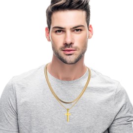 RWQIAN Cross Chain Men's Cross Necklace Stainless Steel Silver/Gold/Black Layered Cross Chain Flat Snake Chain with Cuban Cross Pendant Christian Cross Jewellery Gifts for Men, Stainless Steel